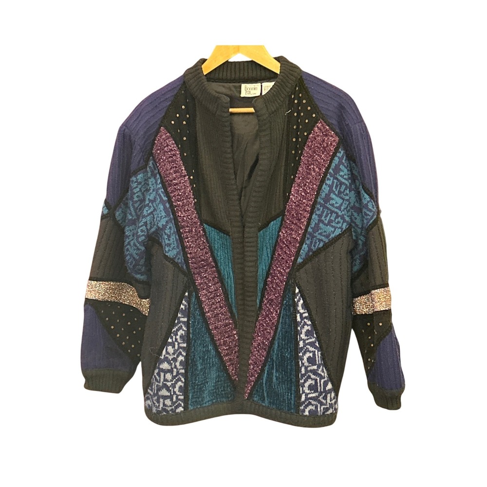 Vintage Bonnie and Bill 80s Abstract Patchwork Knit Sweater Texture Cardigan